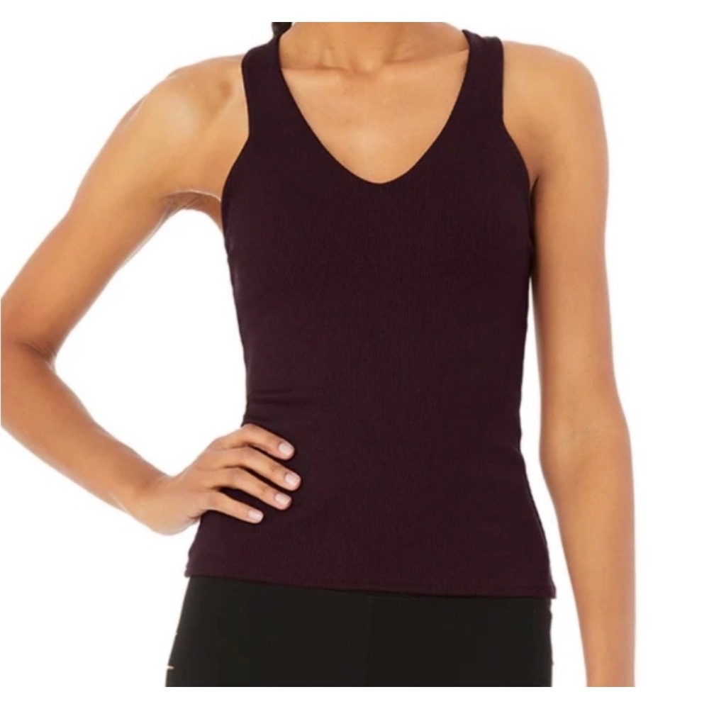 alo Yoga Elevate Dark Plum Ribbed Cross-Over V-Neck Workout Tank Top M